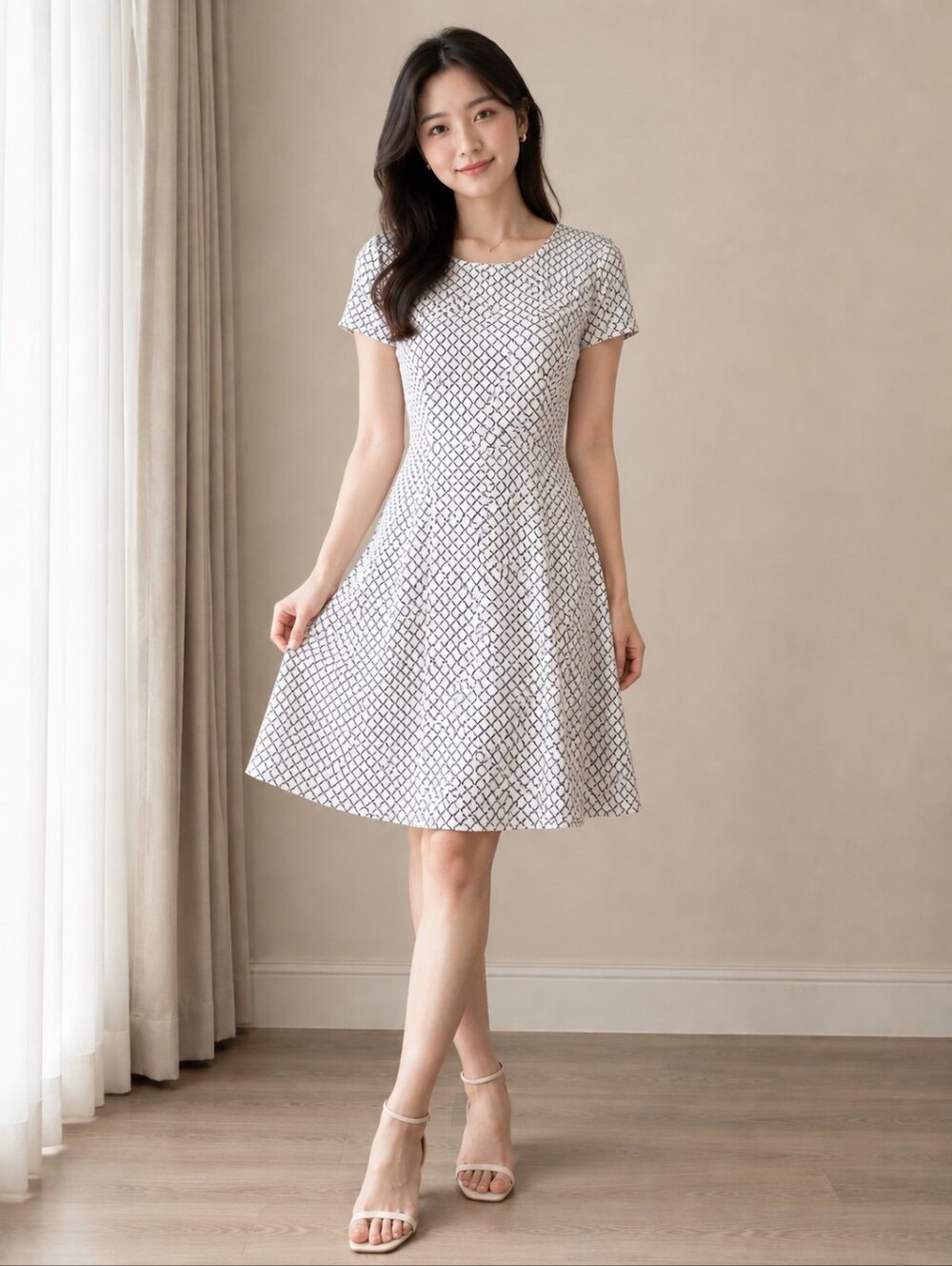 Uniqlo White Midi  Bra Dress with Black Geometric Print